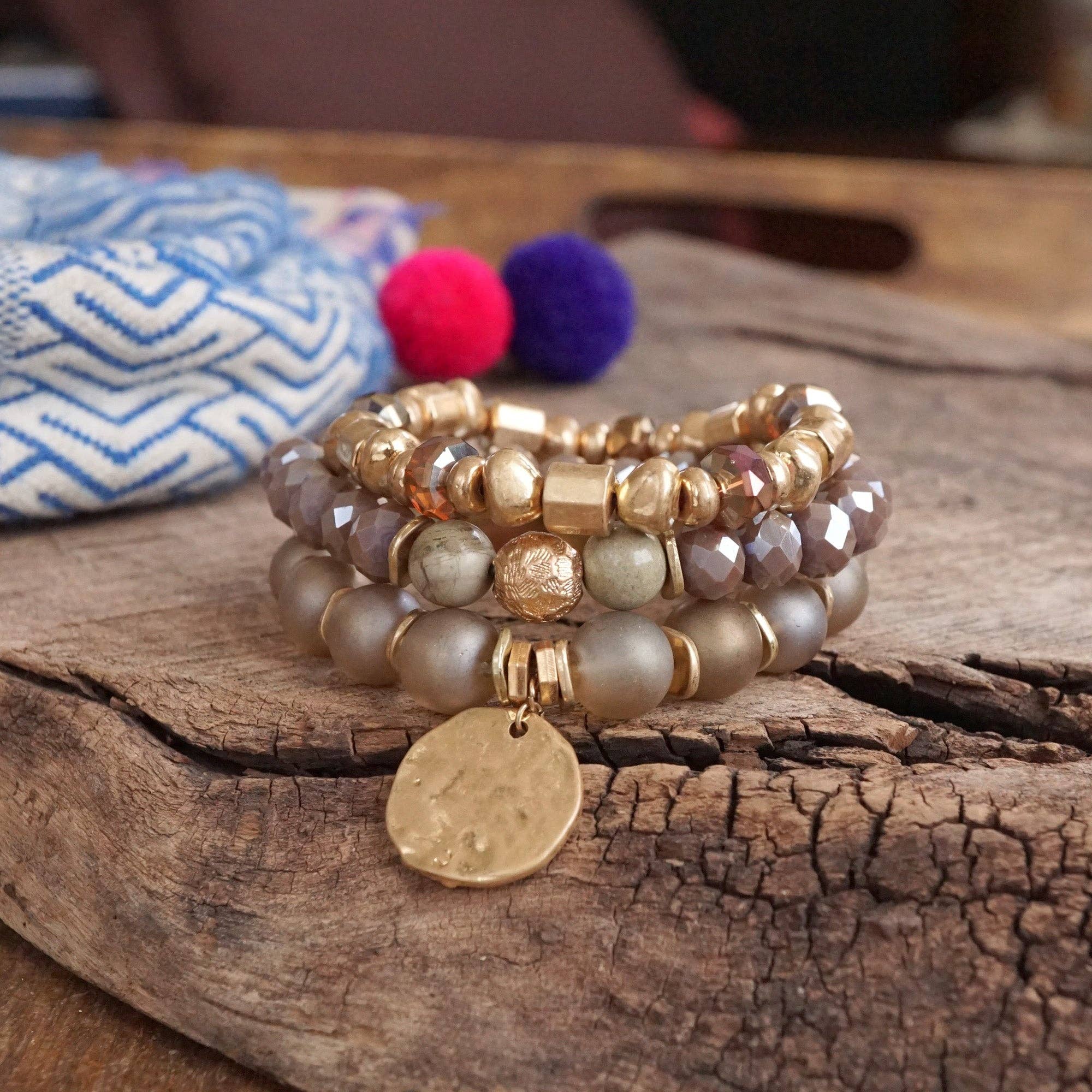 PennyLine inc - Wholesale Beaded Bracelet - Boho Beads Coin Bracelets Statement set in Rose Pink4