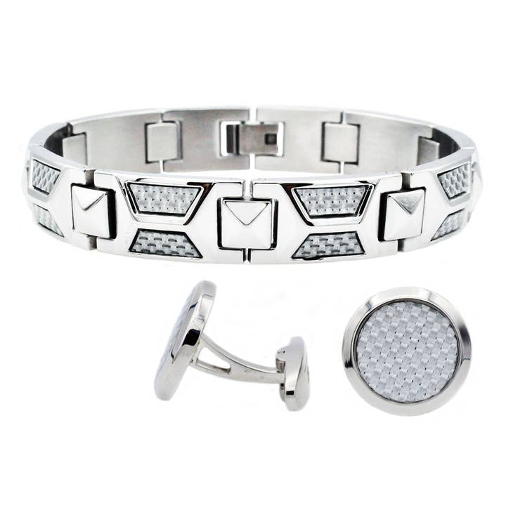 Blackjack Mens Jewelry - Wholesale Jewelry Set - Men's Stainless Steel And White Carbon Fiber Bracelet And Cufflink Set