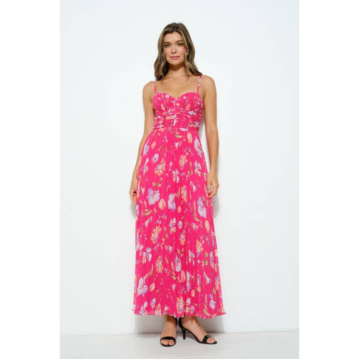 HOTPINK MULTI Floral Ruched Bustier Pleated Maxi Dress for wholesale on Faire