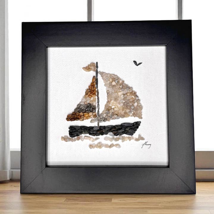 Zeilboot Mini Mozaïek Kiezelsteen Kunst (4x4 Origineel) voor wholesale door Coastal art co.