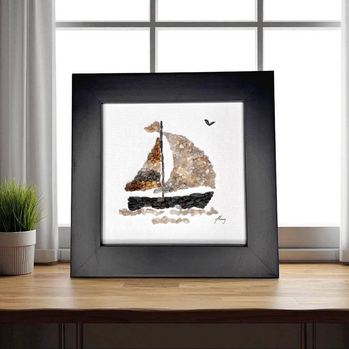Sailboat Mini Mosaic Pebble Art (4x4 Original) for wholesale by Coastal art co.