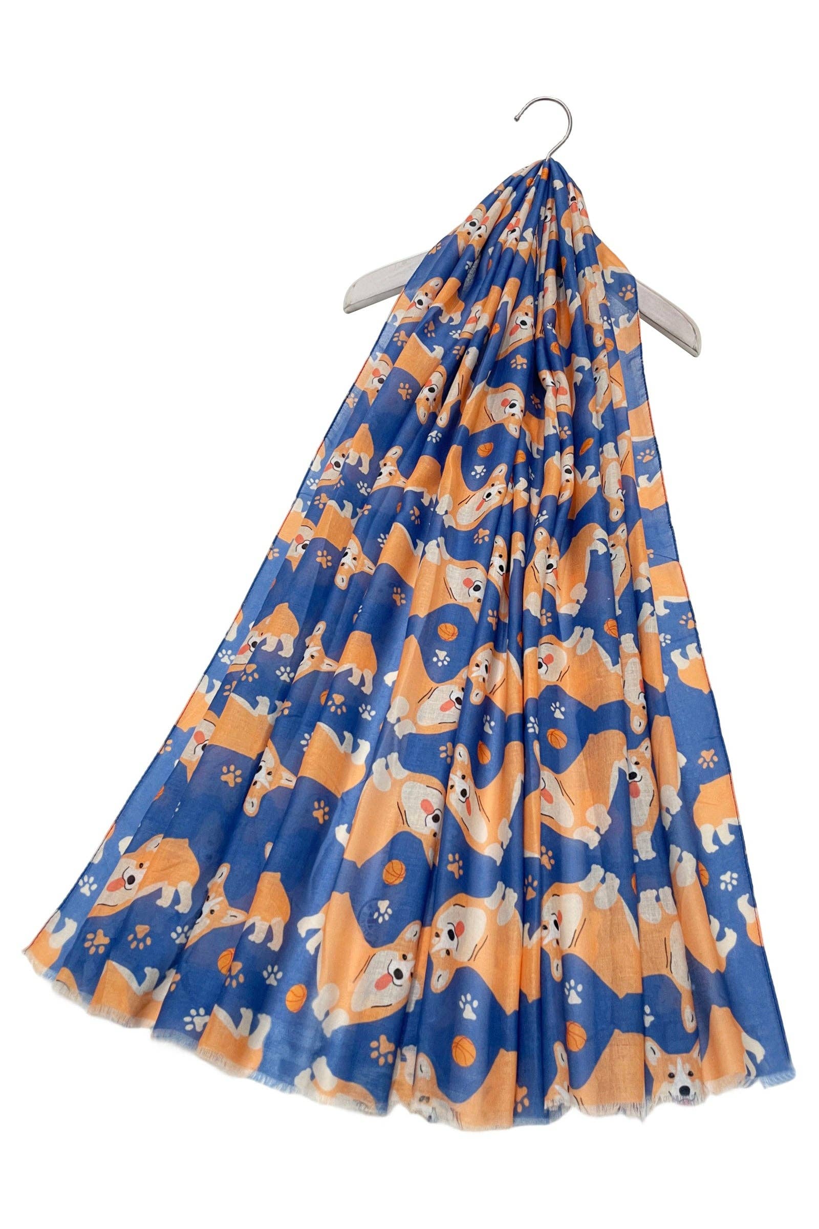 Blau Corgi ausgefranster Schal mit Hund- und Pfotenmuster für den Großhandel auf Faire0