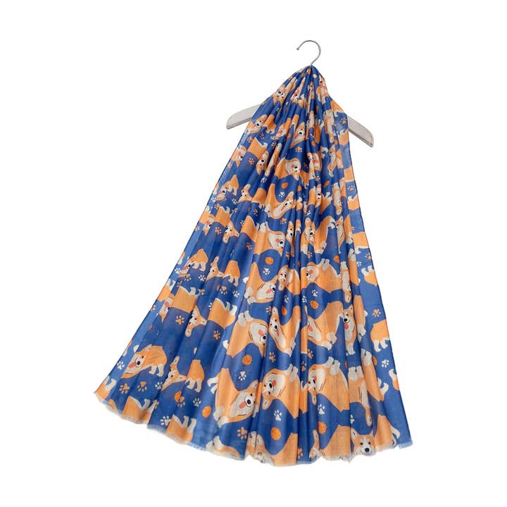 Blau Corgi ausgefranster Schal mit Hund- und Pfotenmuster für den Großhandel auf Faire