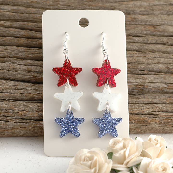 4th of July Patriotic Stacked Stars Earrings - Acrylic for wholesale by Rocky Mountain Shops