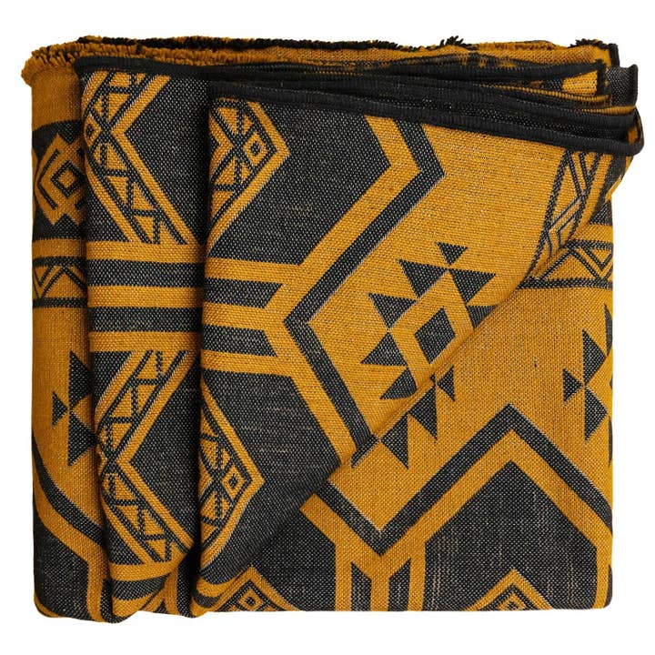 Totoras - Heavy and Thick Extra Large Llama wool artisanal handwoven Blanket - Mustard Gold / Black - Aztec Pattern for wholesale by ECUALAMA