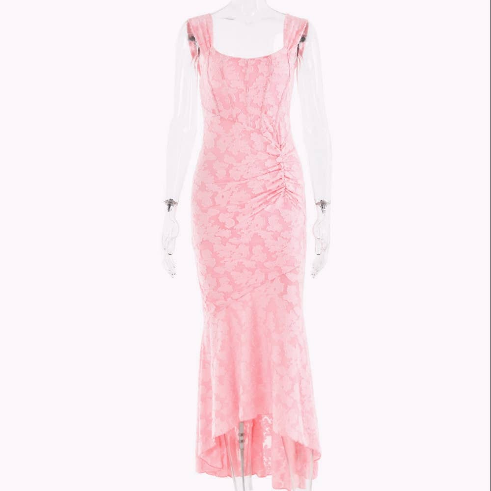 Rosa Clothing - Wholesale Dress - Women's - Ruffled lace slip floral jacquard maxi mermaid dress1