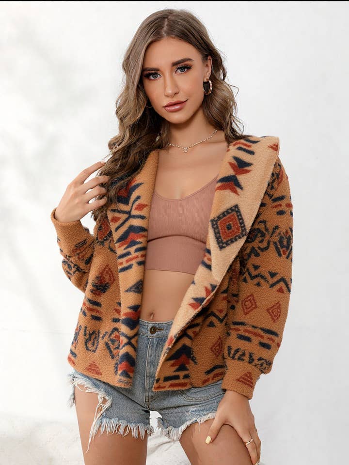 VERY J - Wholesale Jacket - Women's - NJ90199-Aztec Tribal Print Hooded Oversize Fleece Jacket