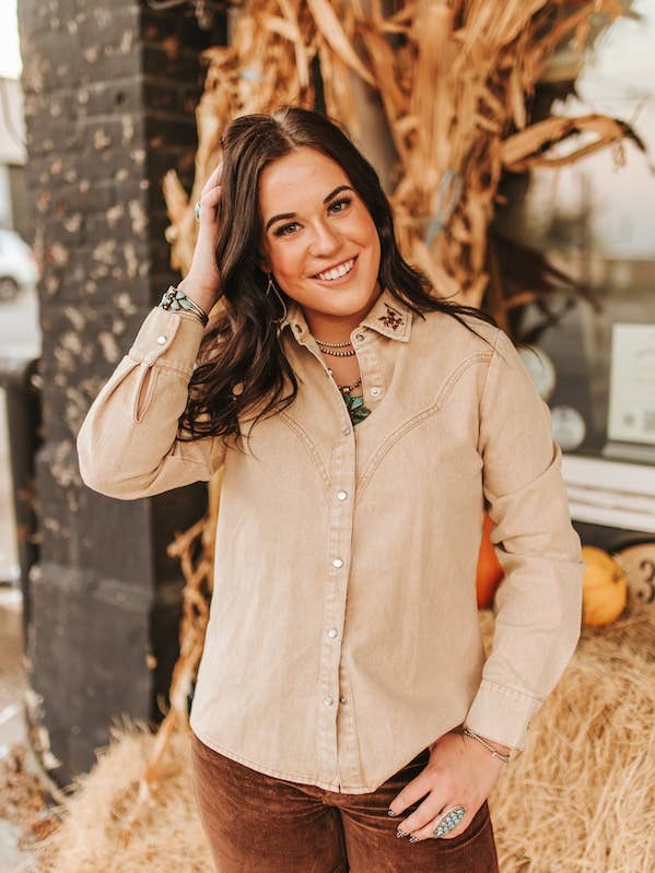 Cream Mineral Wash Button Down Shirt for wholesale by LUCKY & BLESSED