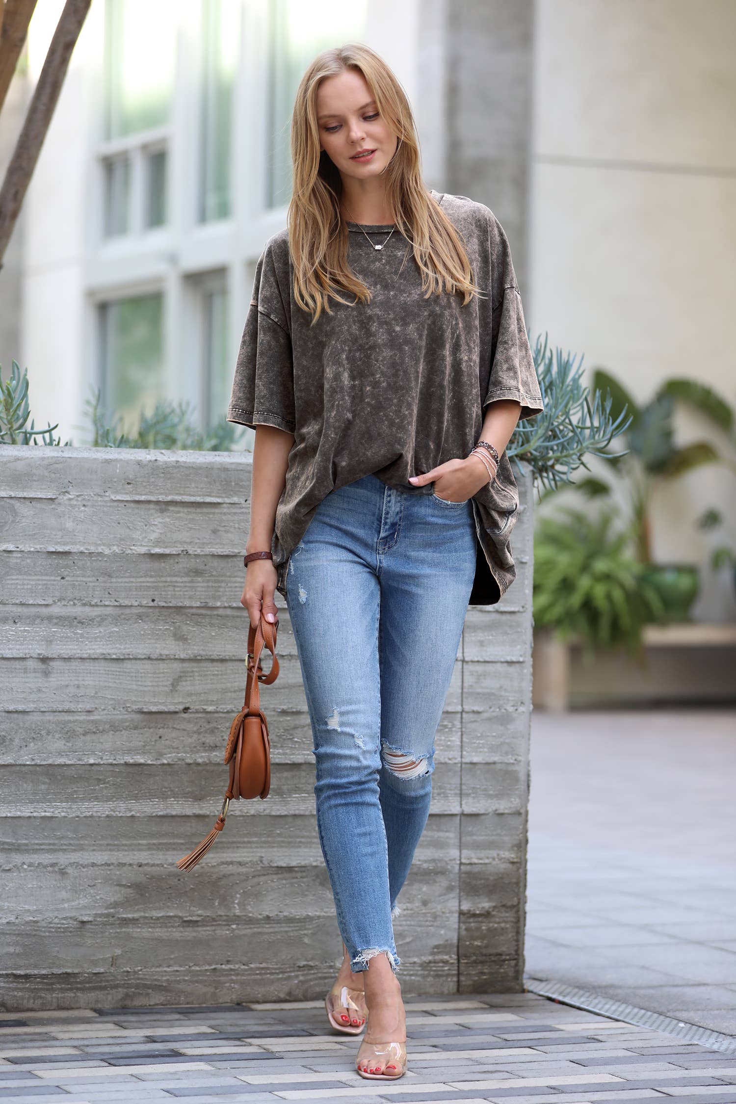 42POPS - Vente Haut en maille – femme - T-shirt en coton délavé à l'acide oversize SI-2430139