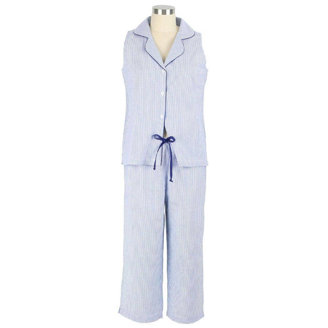 Needham Lane - Wholesale Sleepwear Set - Women's - Blue Seersucker-Navy Sleeveless Capri Pajamas1