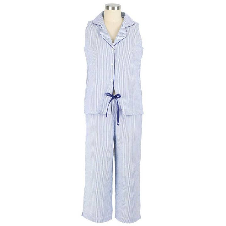 Needham Lane - Wholesale Sleepwear Set - Women's - Blue Seersucker-Navy Sleeveless Capri Pajamas1