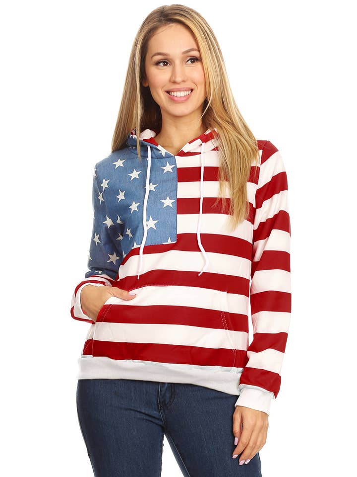 Womens American Flag Patriotic Long Sleeve Pullover Hoodie S for wholesale by Anna Kaci Wholesale