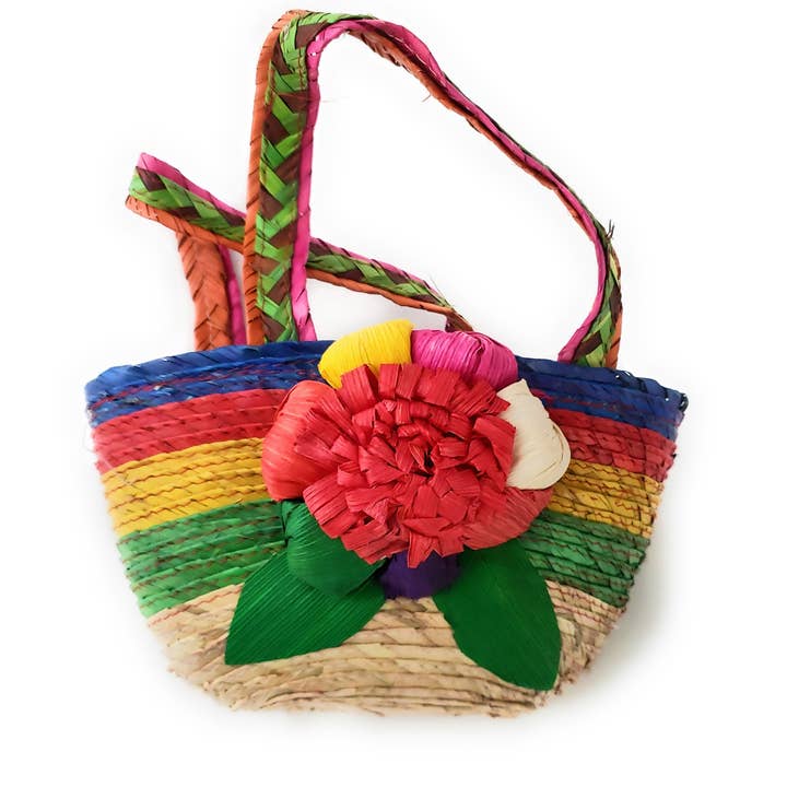 The Little Pueblo - Wholesale Beach Bag - Mexican Floral Palm Bag Handmade Candy Bag Flower Straw Bag