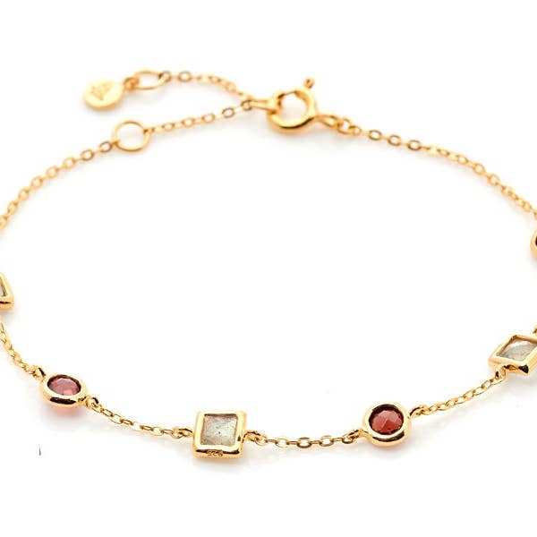 Pulsera de granate y labradorita, plata dorada 925, 15+3 cm para venta al por mayor de OPALOOK France