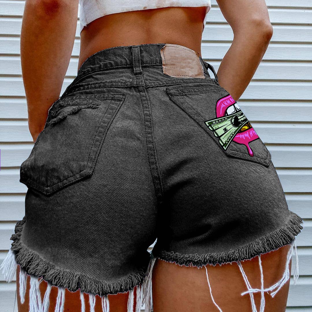 Tourtiwi - Wholesale Shorts - Women's - Cash in the Mouth Print Ripped Denim Shorts4