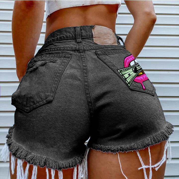 Tourtiwi - Wholesale Shorts - Women's - Cash in the Mouth Print Ripped Denim Shorts4
