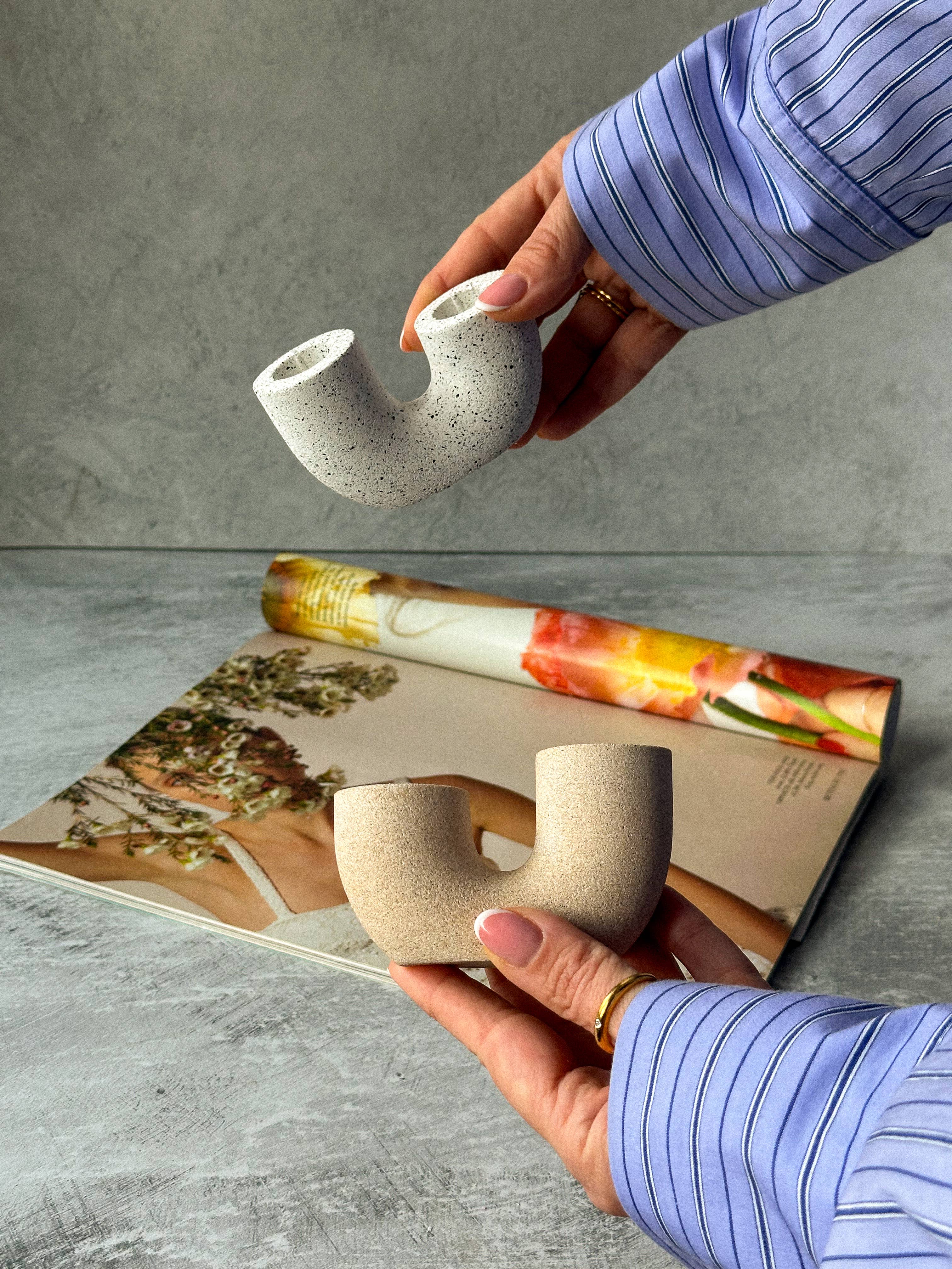 Gokican – wholesale Candle holder – Earthy U Shape Dinner Candle Holder Stone Textured Home Deco3