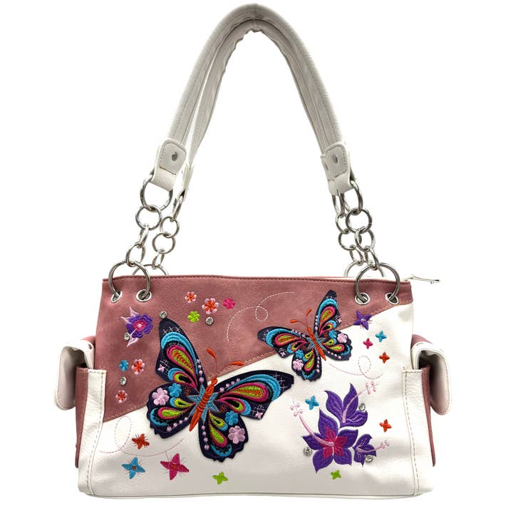 Pink Butterfly Rainbow Embroidered Handbag for wholesale on Faire