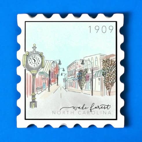 Wake Forest NC Downtown Watercolor Art Vinyl Sticker for wholesale by Positively North Carolina