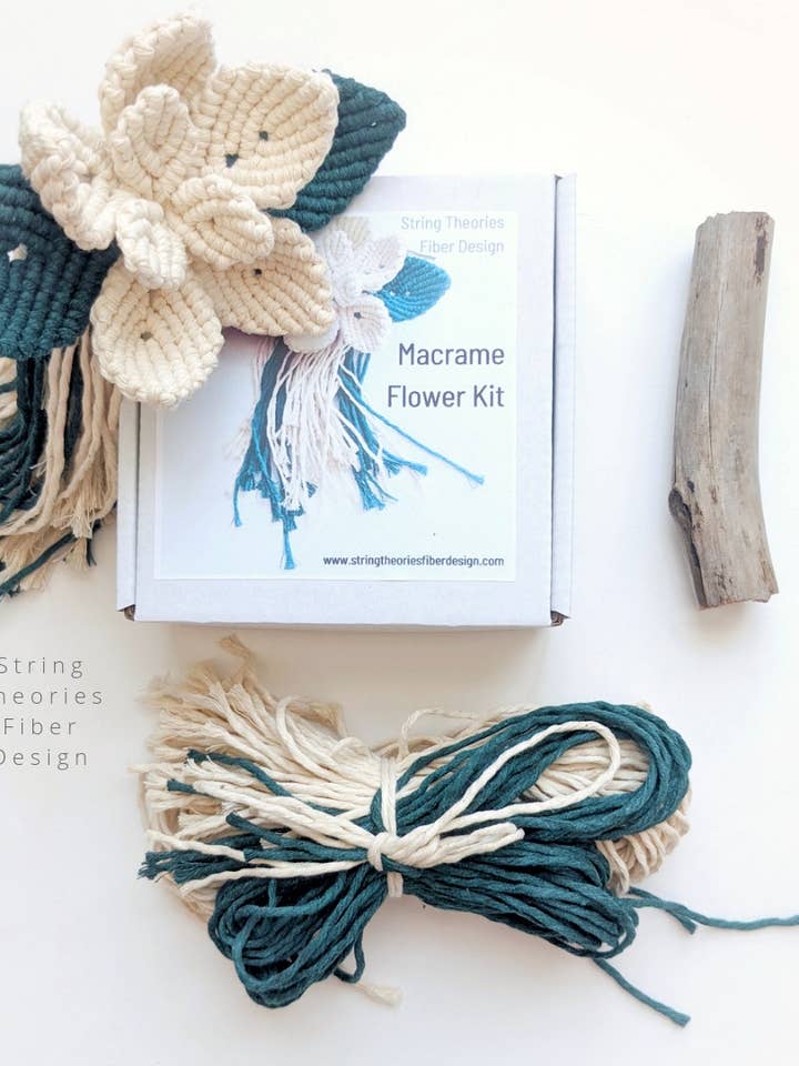 Macrame 3D Flower Kit on Driftwood for wholesale by String Theories Fiber Design