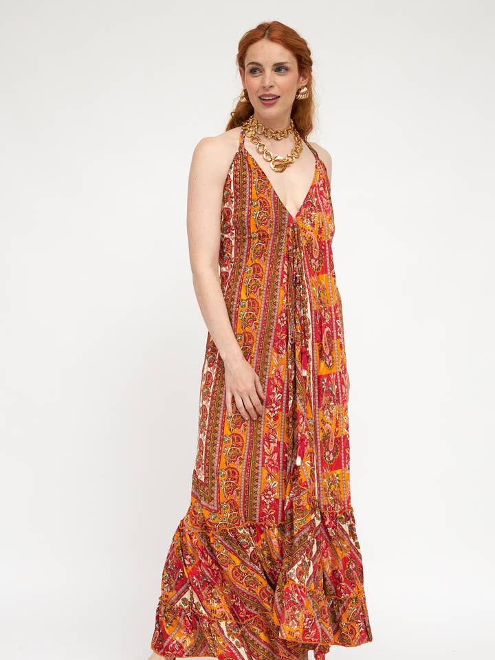 VESTIDO ESTILO COMETA 100% SEDA FRÍA, ESTAMPADO ÉTNICO para venta al por mayor de Nats Store