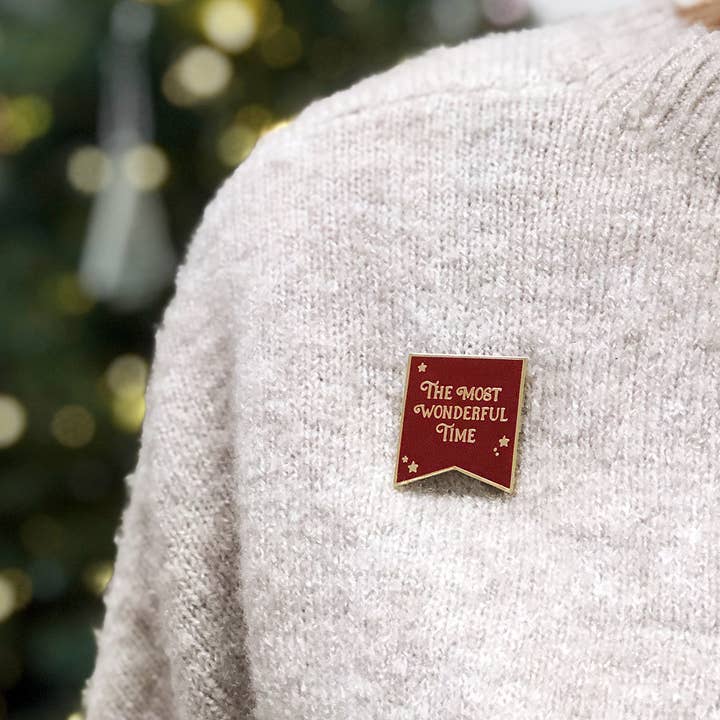 The Most Wonderful Time Red Enamel Pin Badge for wholesale by Clara and Macy