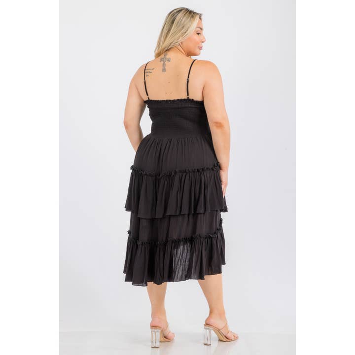 Curve Market - Wholesale Dress - Women's - PLUS SIZE SQUARE NECK SMOCKED BODICE TIERED RUFFLE HEM MIDI 2