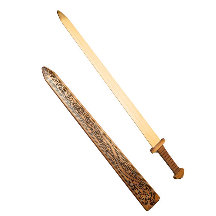 Backwoods Provisions - Wholesale Classic Toy - Kids - Large Wood Replica Viking Sword ith Norse Motif, Wooden Sheath with Leather Wrapped Handle4