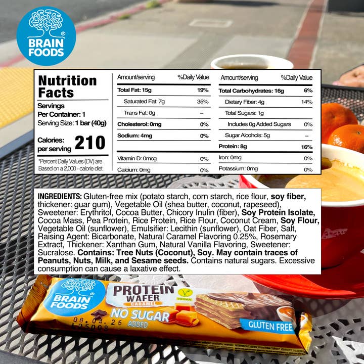 Wilton Mettler LLC - Wholesale Snack Bar - BRAIN FOODS Gluten Free Vegan Wafers (Caramel Protein)1