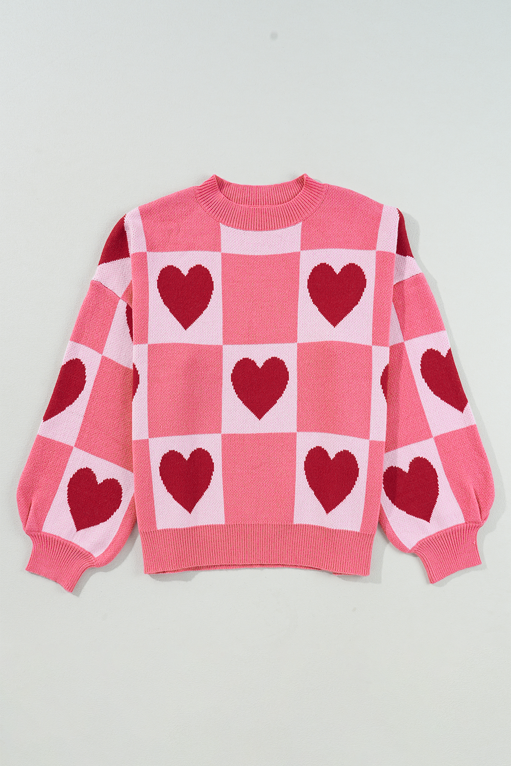 Pink 66 Love Heart Checkered Valentine Plus Size Sweater (S-4X) for wholesale on Faire3