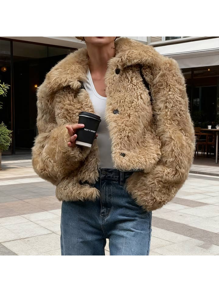KHAKI Lapel long-sleeved single-breasted faux fur coat for wholesale on Faire