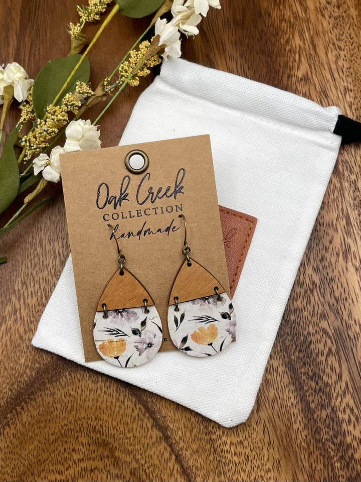 Leather/Wood Split Teardrop Earring 1 3/4”- 7 Colors for wholesale by Oak Creek Collection Handmade