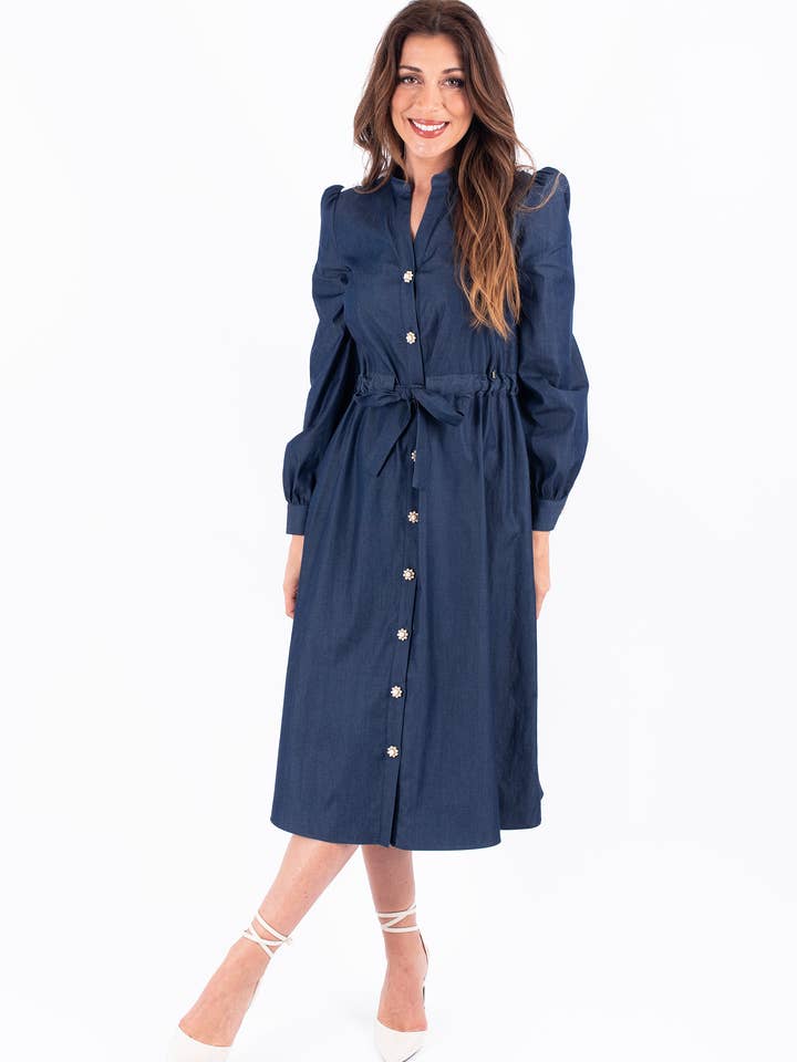 Vestido midi Harm con encaje en los hombros y botones de perla para venta al por mayor de Miclair