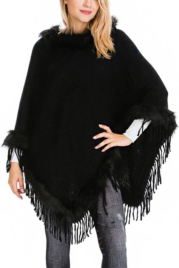Cap Zone – wholesale Poncho – Women's – Faux Fur Lined Fringe Trim Pullover Poncho15