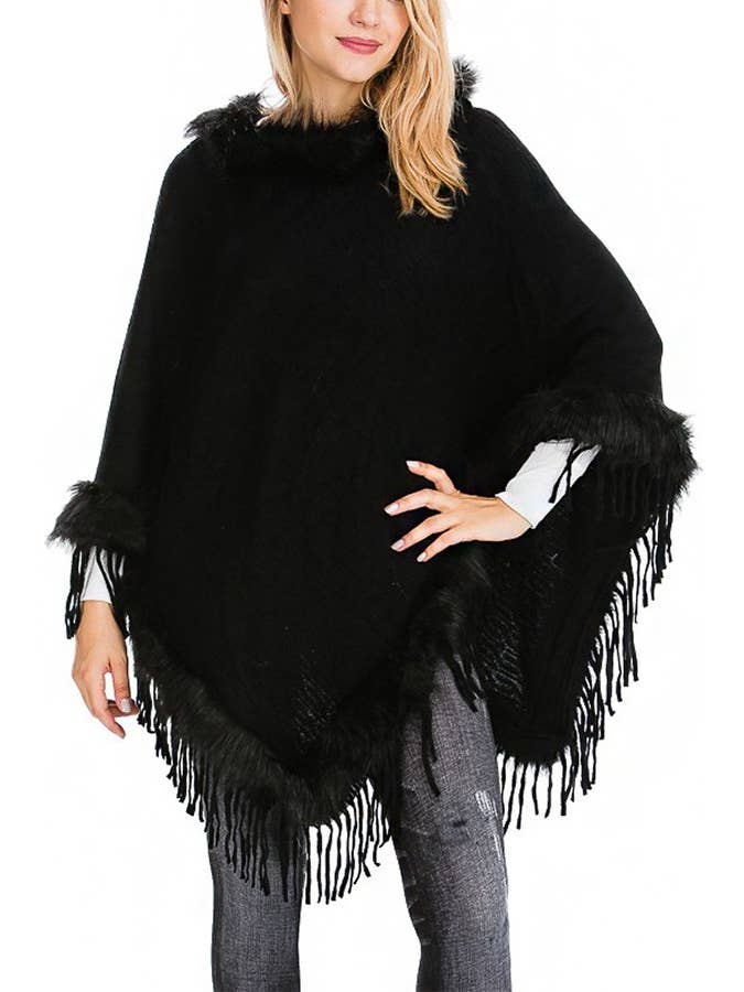 Cap Zone – wholesale Poncho – Women's – Faux Fur Lined Fringe Trim Pullover Poncho15