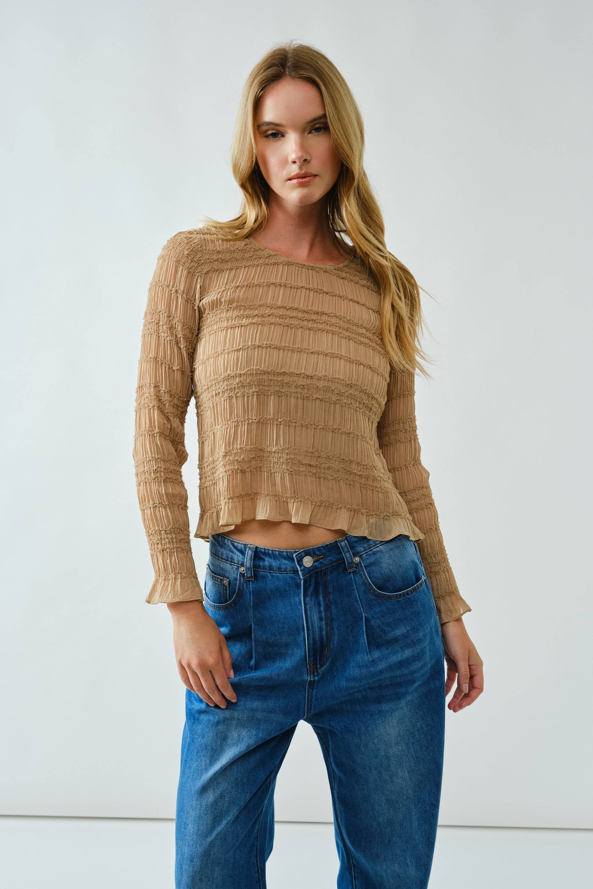 Aaron & Amber - Wholesale Knit Top - Women's - AJT5432 LACE DETAIL SHEER SMOCKING TOP12