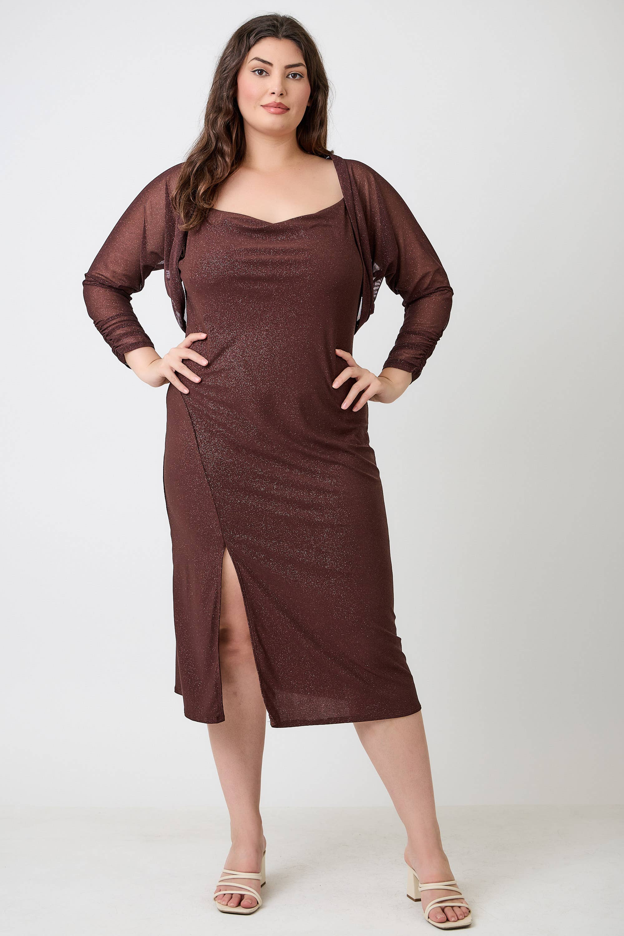 Haute Fox Plus Size & Contemporary - Wholesale Dress - Women's - Plus Size Shimmer Midi Dress with Front Slit JK18749-D2