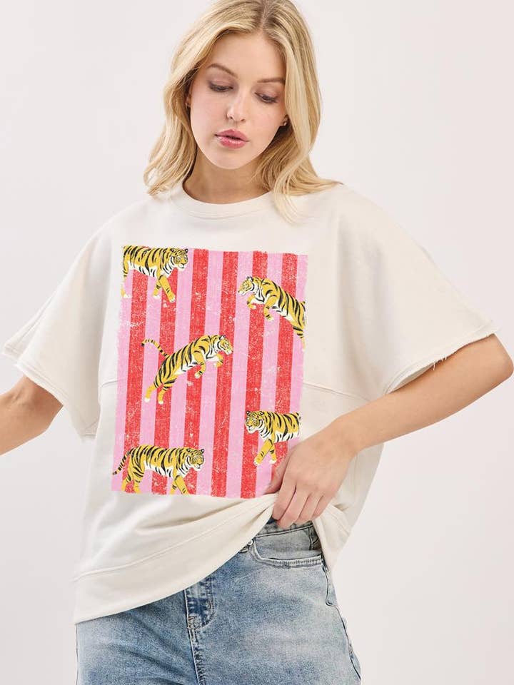 Multi Tigers Elements Graphic Drop Shoulder Fleece Top for wholesale by Zutter