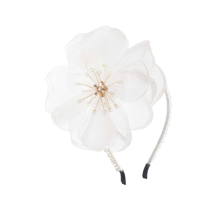 White Cheerful Shimmer Flower Headband for wholesale on Faire