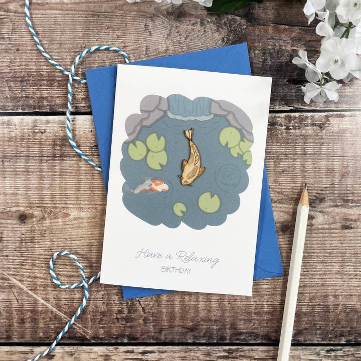 Koi Pond Wooden Illustrated Birthday Card for wholesale by Altered Chic