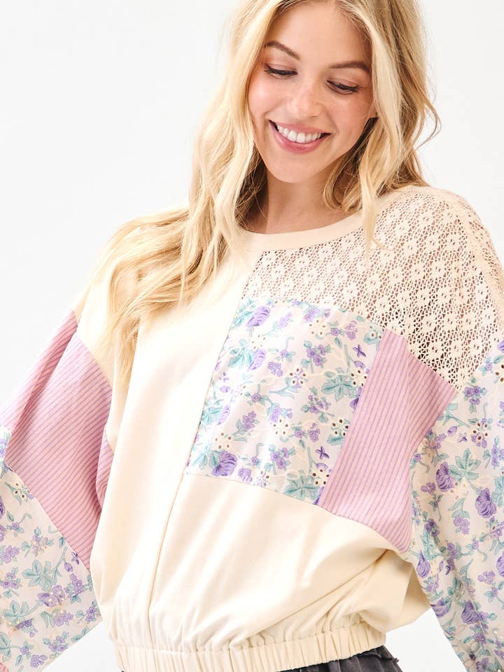FLORAL PRINT EYELET PATCHWORK BALLOON SLEEVE TOP for wholesale by mittoshop