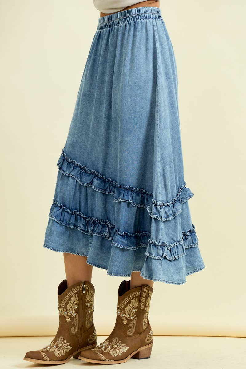 DENIM ASYMMETRISK VOLANG MIDI-KJOL - 6606S för wholesale på Faire1