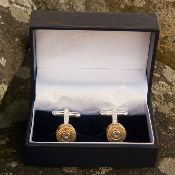 Silver-plated upcycled bullet cufflinks for wholesale by J Boult Designs