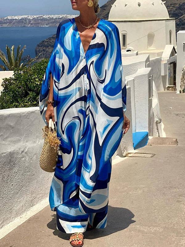 AZUL Vestido maxi con botones y estampado de murciélago y cuello en V de venta al por mayor en Faire0