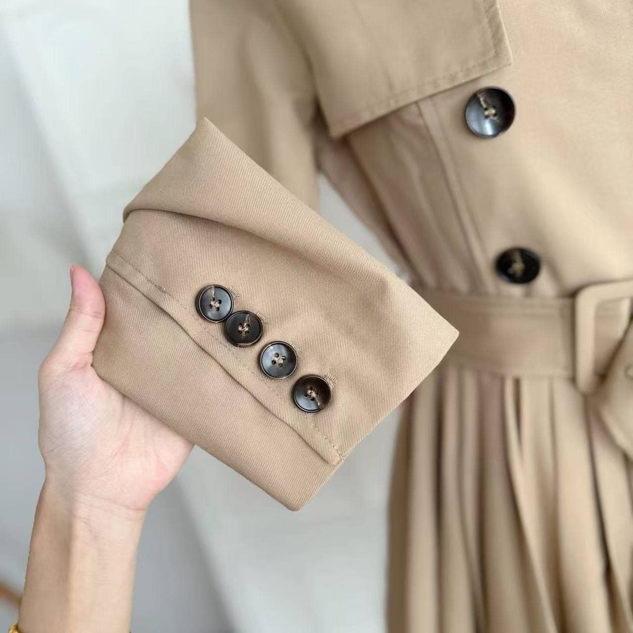 Khaki DR898Y Autumn Pleated Dress with Waist Tie for Women for wholesale on Faire9