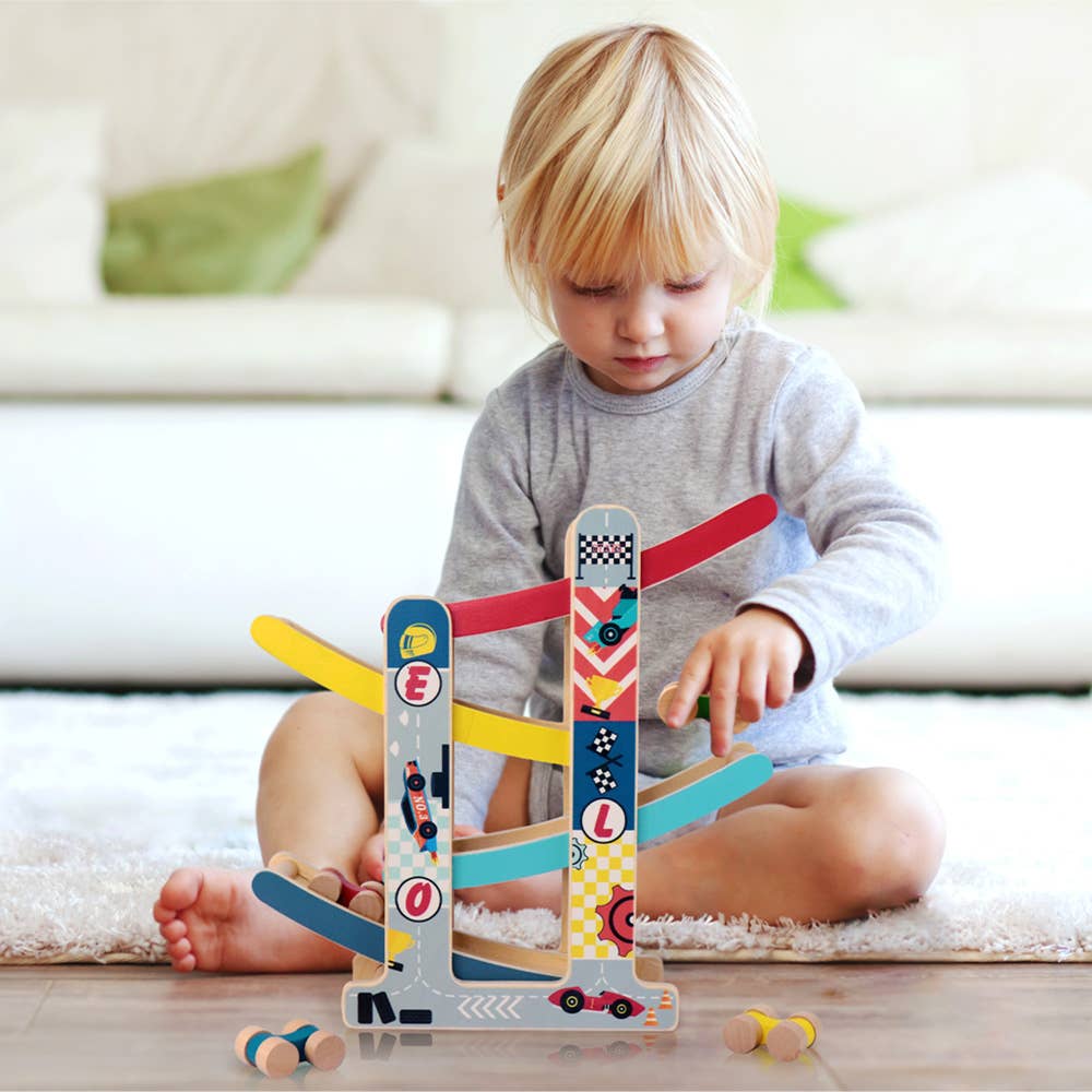 Leo & Friends - Vente Jouet en bois – enfant - Piste de course à rampe en bois Leo & Friends avec 4 voitures de course6