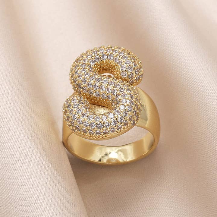 JOSSLYN by wall to wall - Wholesale Single Stone/Solitaire Ring - INITIAL MONOGRAM PAVE RHINESTONE BUBBLE RING | 40R101