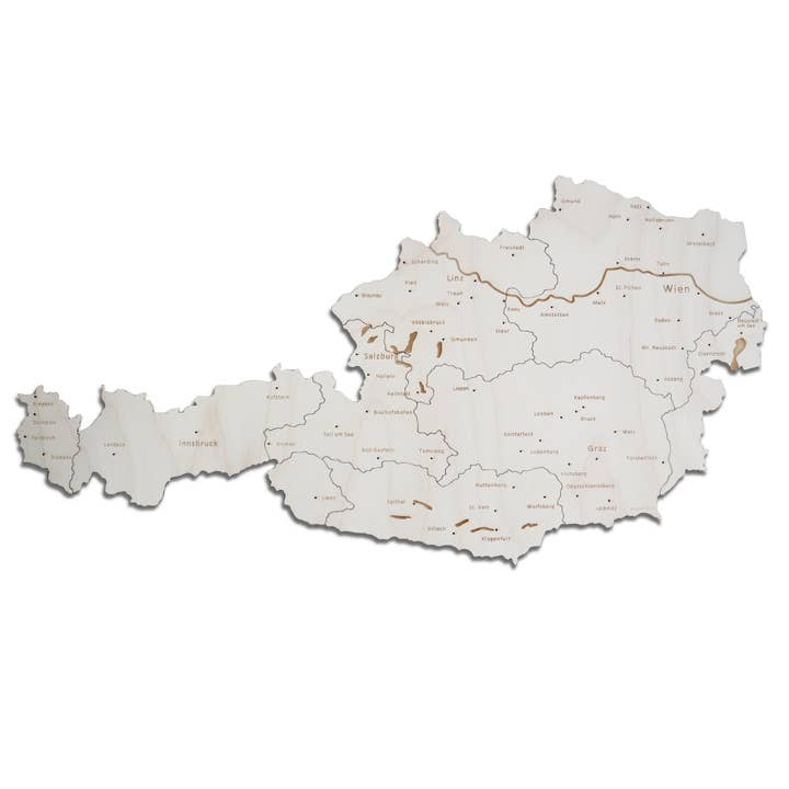 Carte en bois de l’Autriche avec les plus grandes villes gravées pour la vente par Papurino