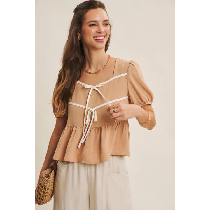 in february - Vente Chemisier – femme - BLOUSE BABYDOLL CHARMANTE AVEC NŒUDS CONTRASTÉS3