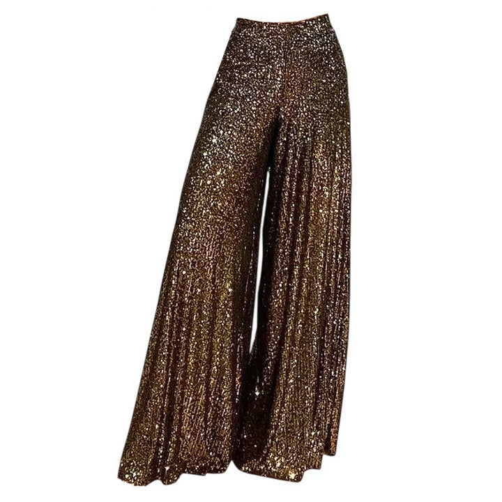 Pantalon Palazzo à sequins en noir/cuivre pour la vente par Last True Angel